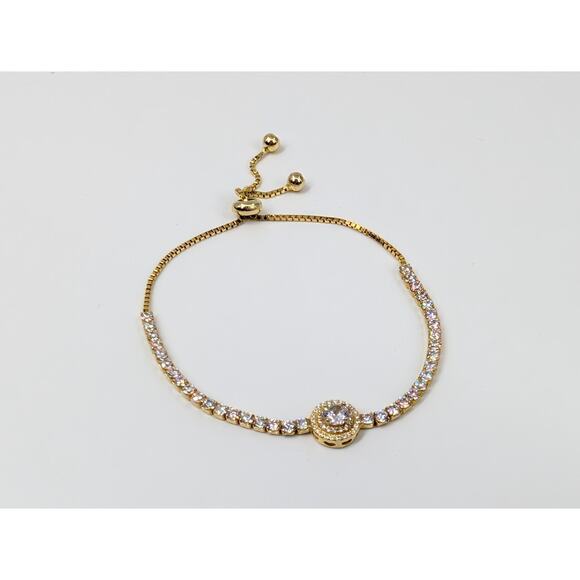 Lariat Bracelet 925 CZ Clear Rhinestones Gold Tone Bolo Tennis Style Minimalist - Picture 2 of 12